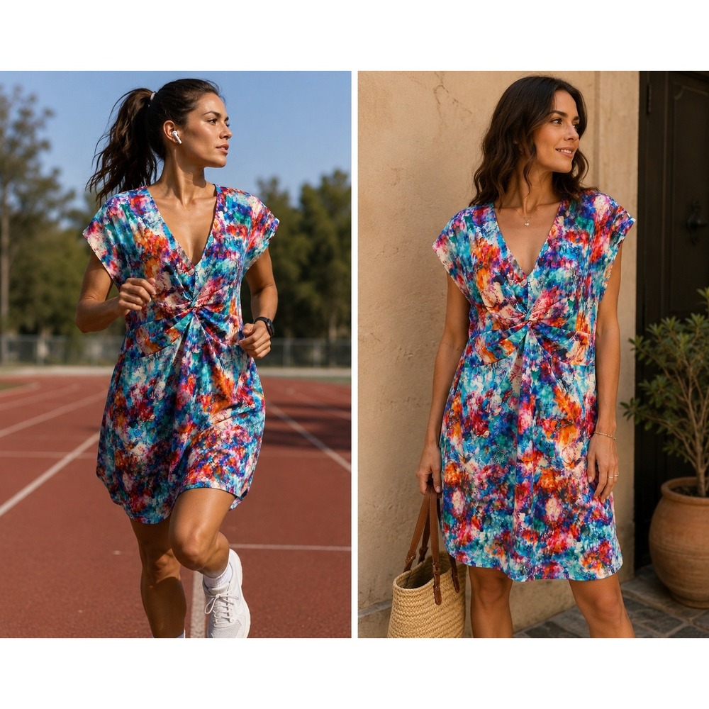 Soft Surroundings Watercolor Abstract Twist Front Athletic Dress Sm Stretch Cool